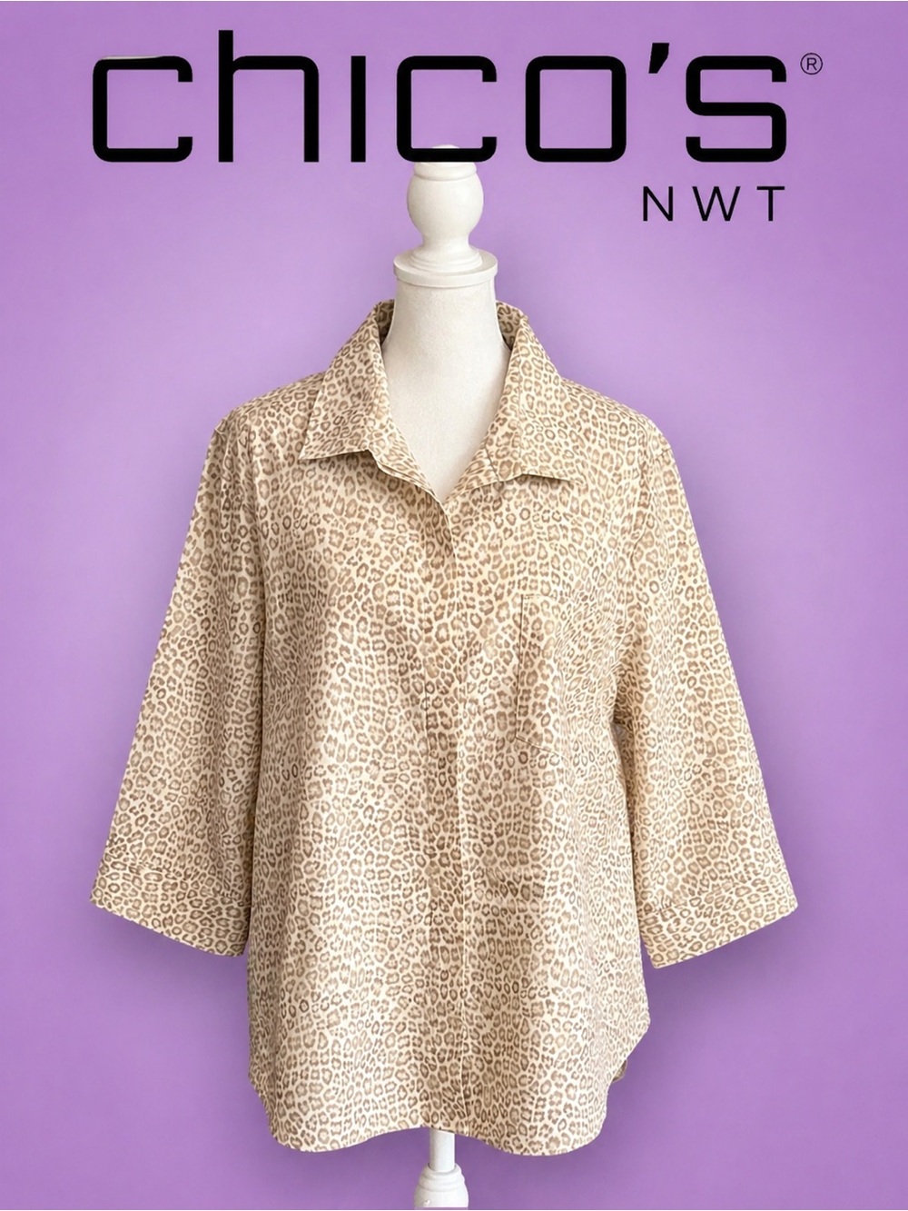 Chico's Cream Leopard Print Button-Front Top